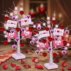 2 LED Lighted Birch Trees with Hearts & Cards,Valentine, Mother’s Day Decor Gift